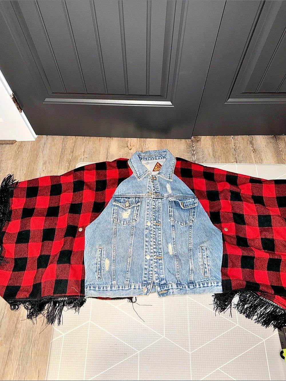 Checkered Denim Poncho Jacket